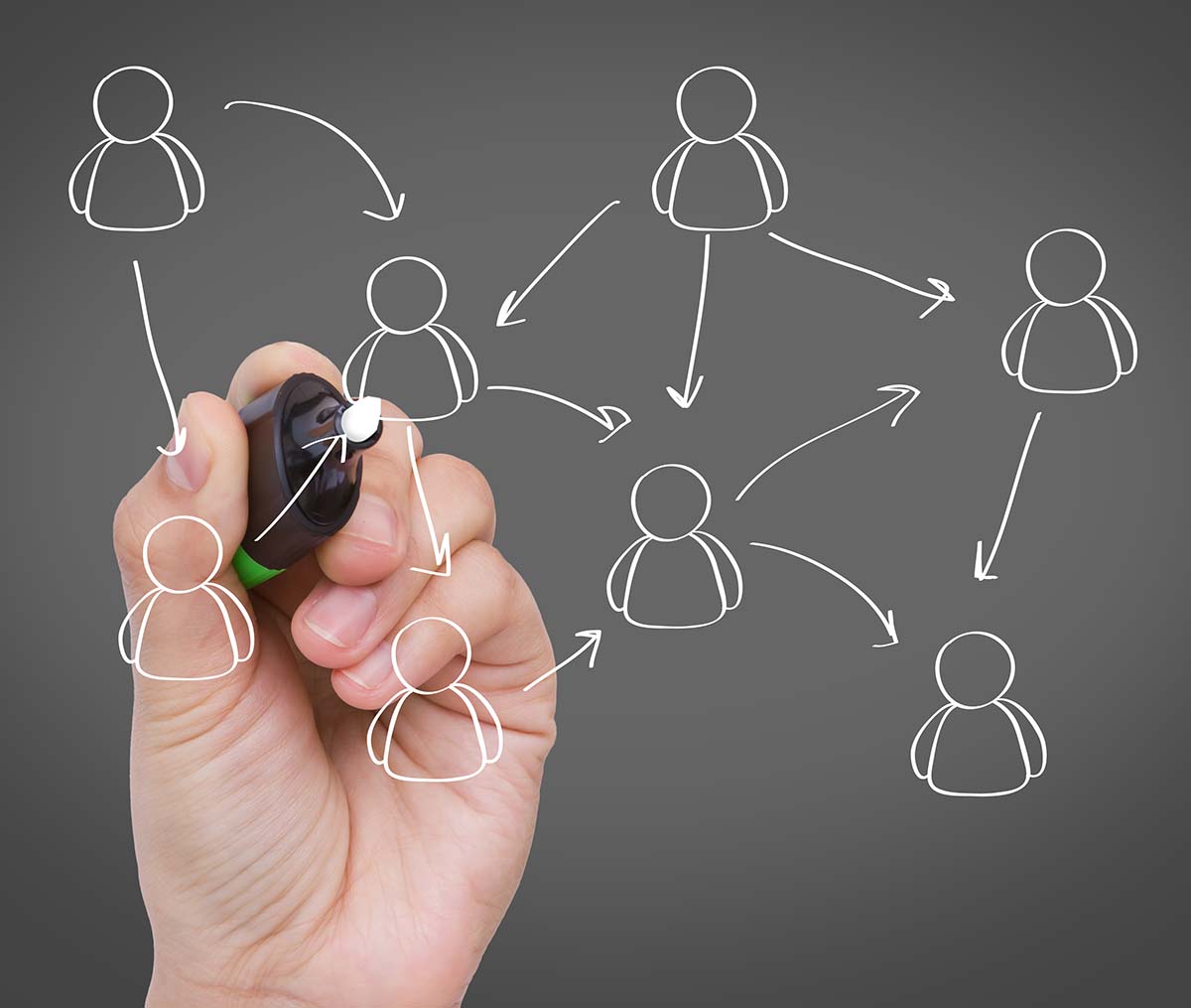 Businessman hand drawing a social network scheme on a whiteboard